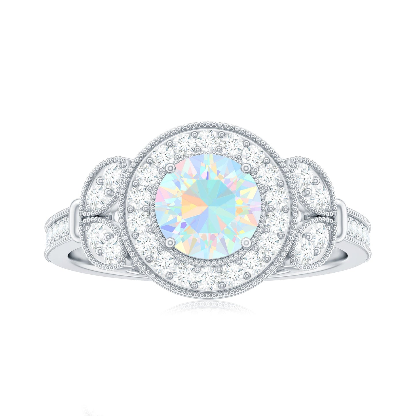 Vintage Inspired Ethiopian Rainbow Opal Engagement Ring with Diamond Halo