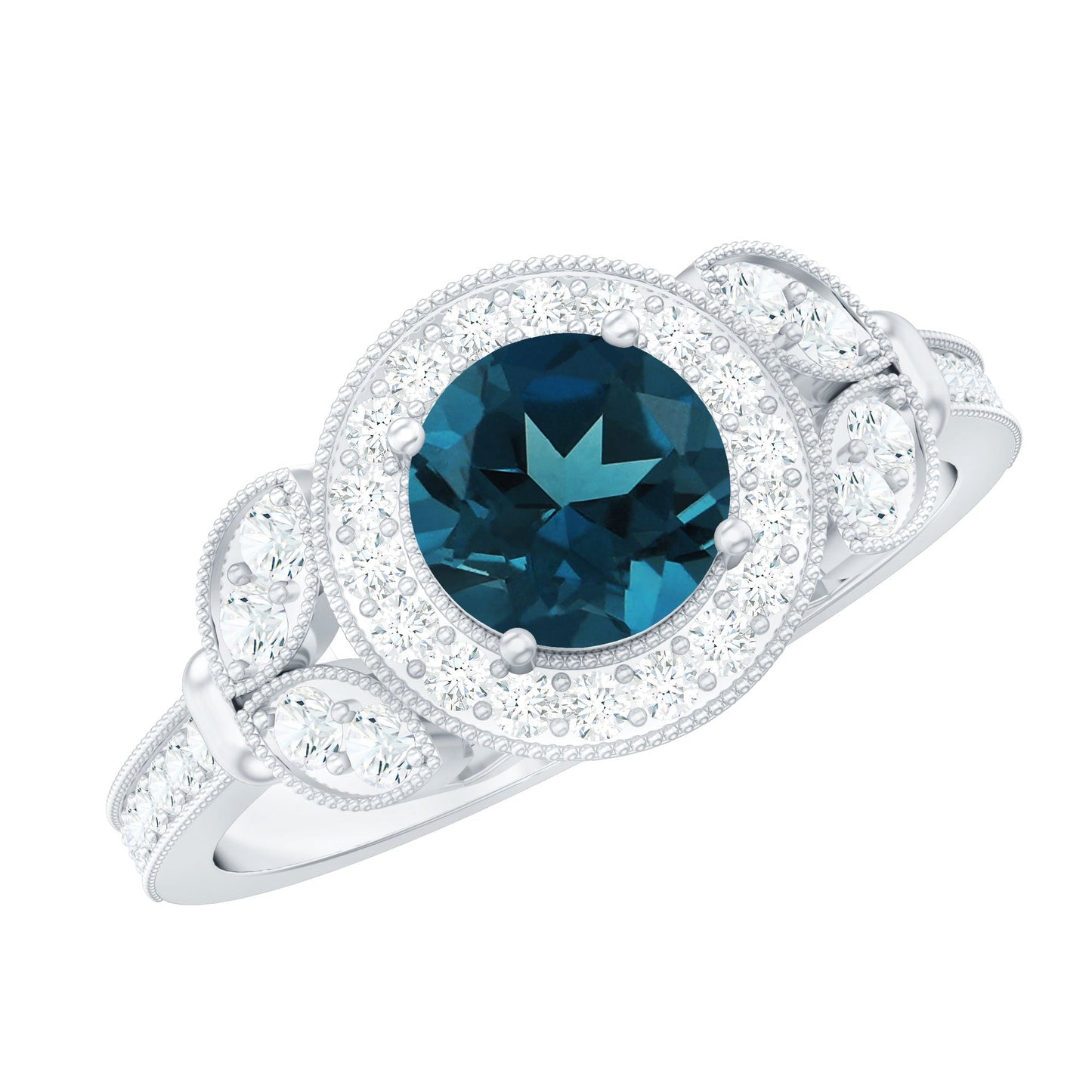 Vintage Inspired London Blue Topaz Engagement Ring with Diamond Halo