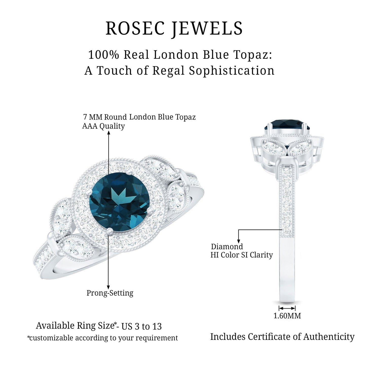 Vintage Inspired London Blue Topaz Engagement Ring with Diamond Halo