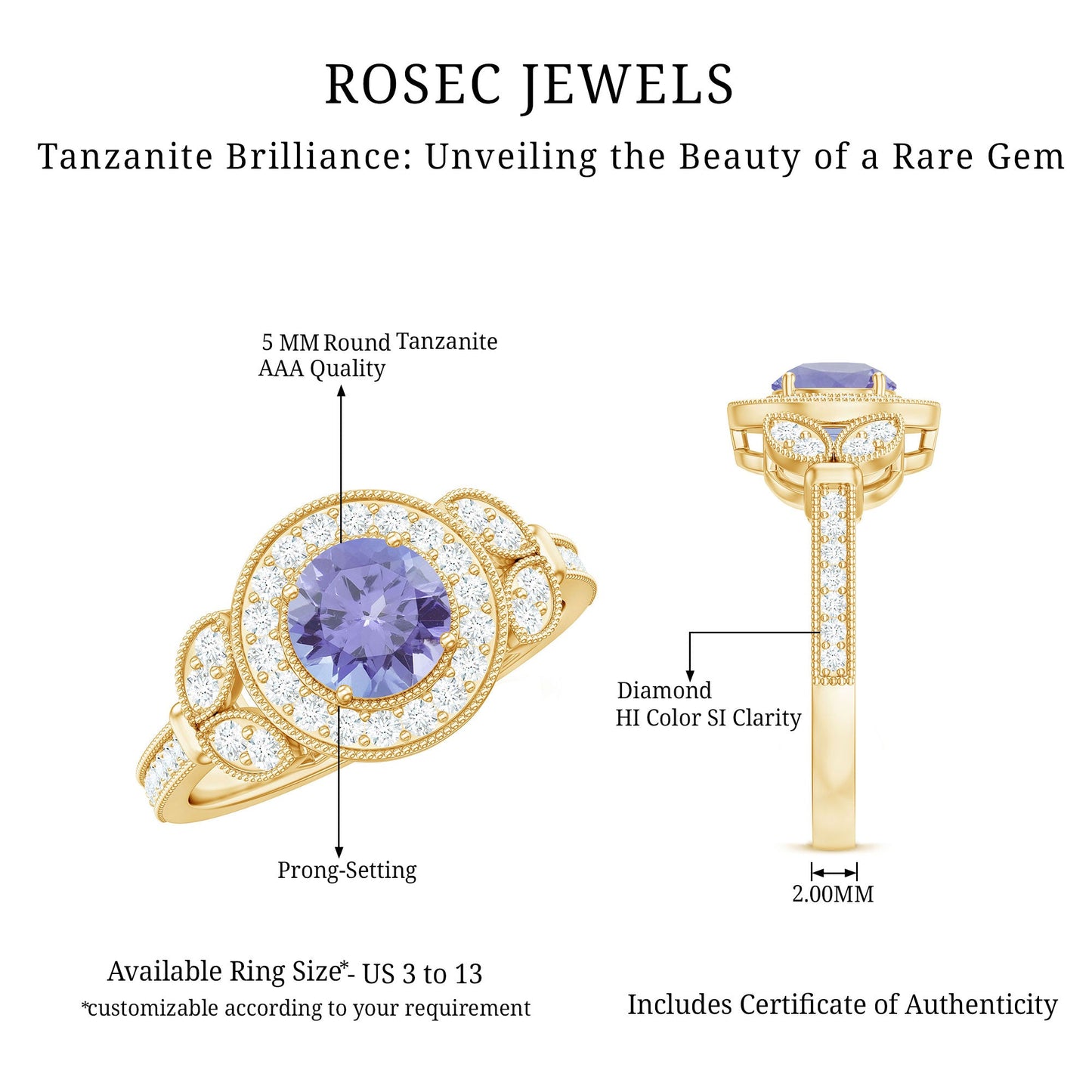 Real Tanzanite Retro Engagement Ring with Diamond Halo