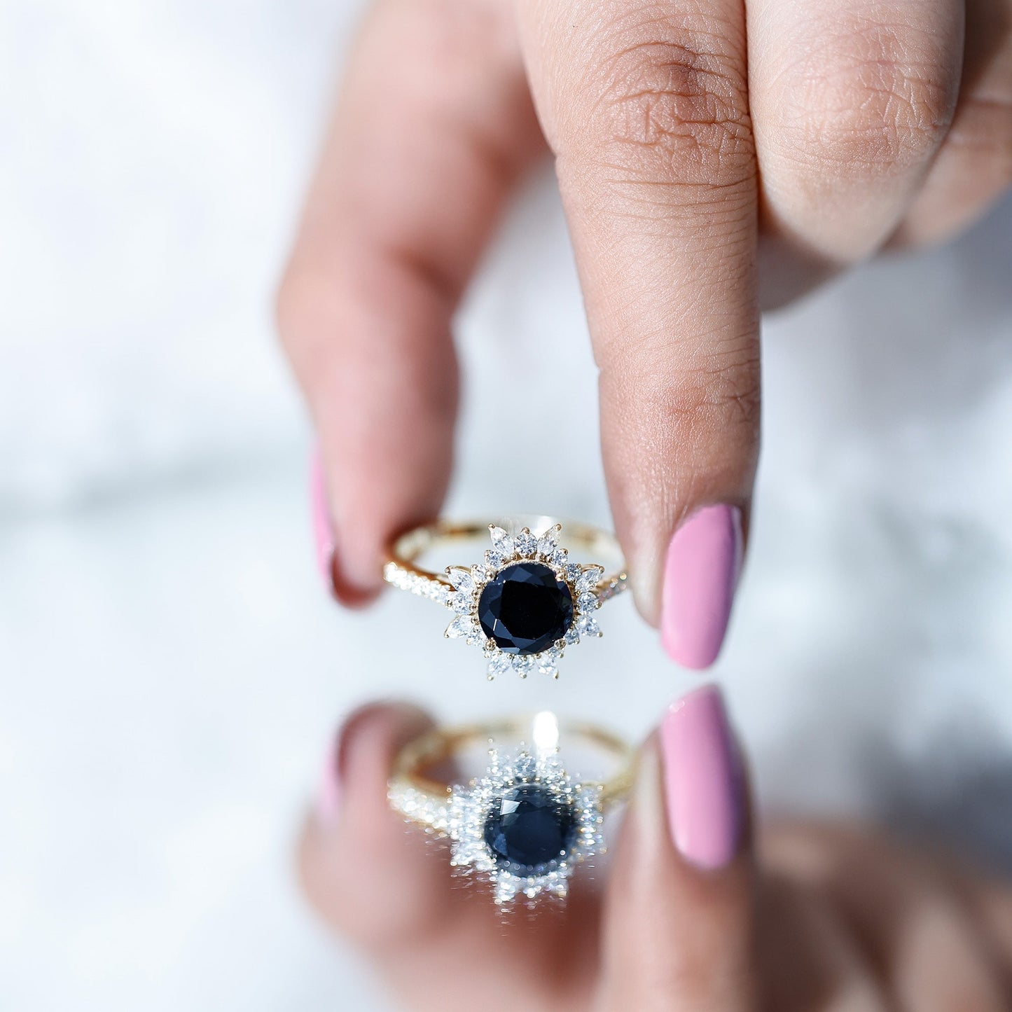 Real Black Spinel Engagement Ring with Moissanite Halo