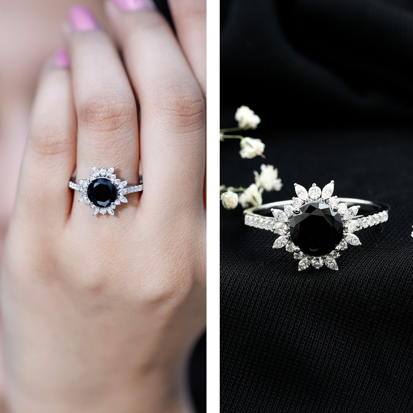 Certified Black Onyx and Moissanite Statement Engagement Ring
