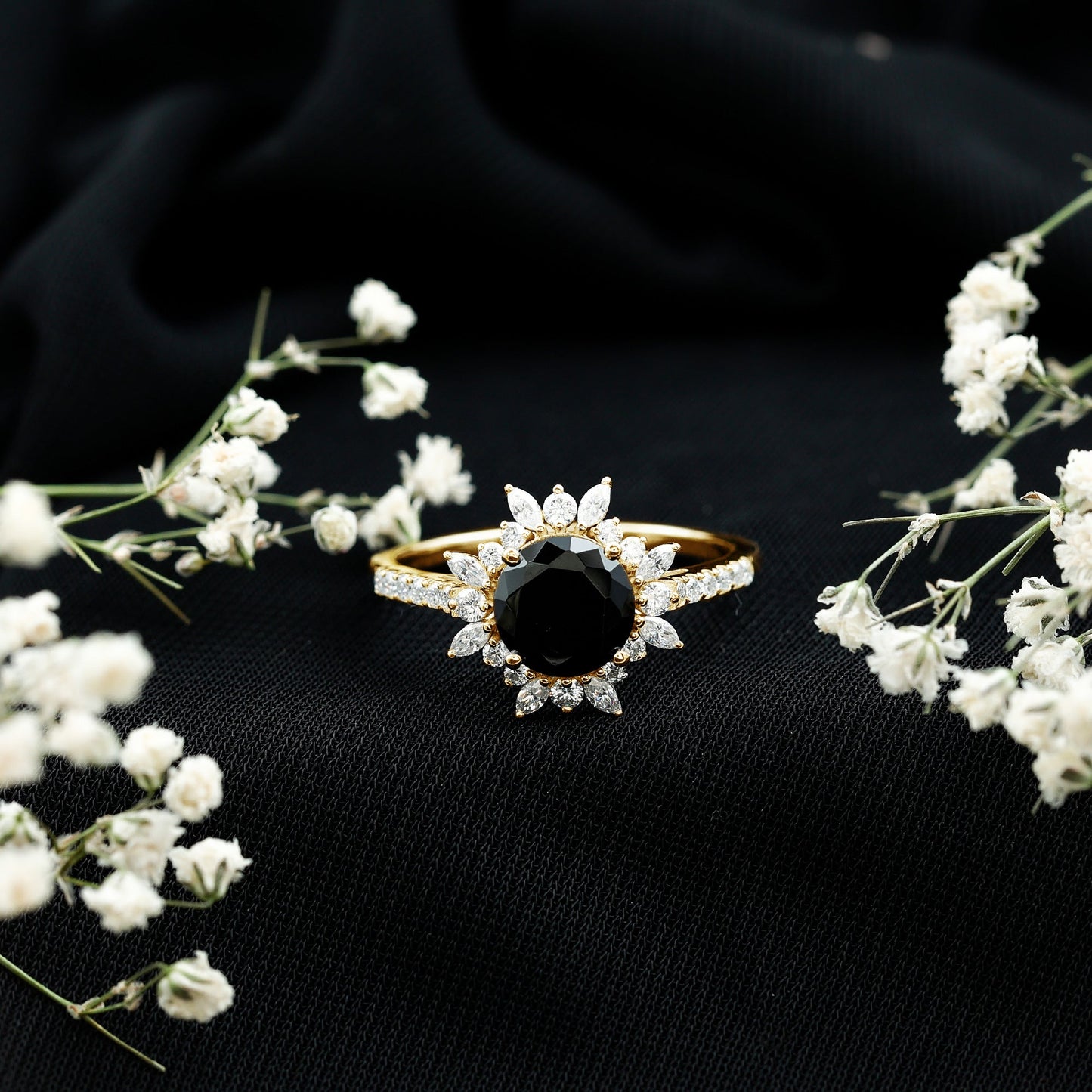 Certified Black Onyx and Moissanite Statement Engagement Ring