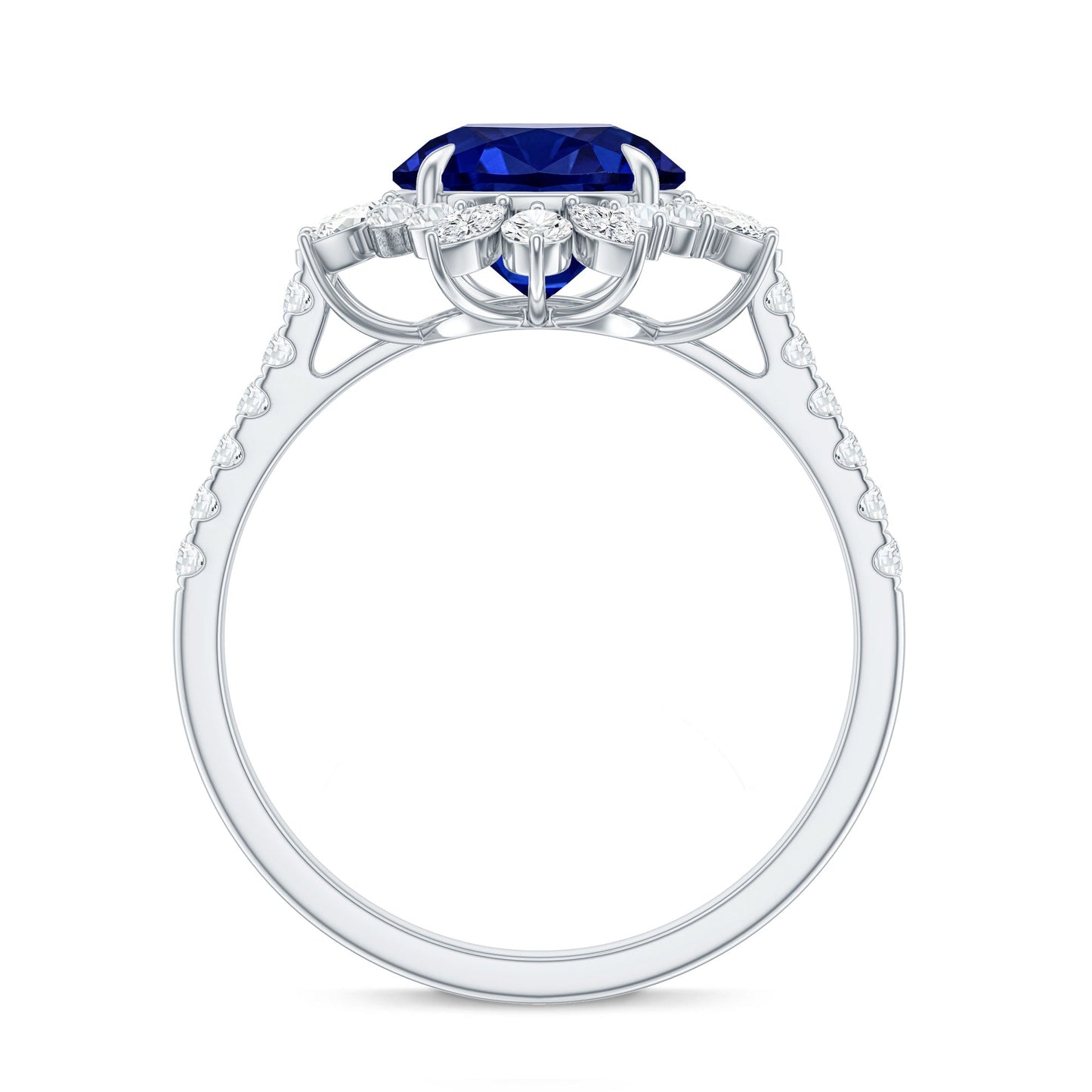 Certified 2.7 Carat Lab Grown Blue Sapphire Engagement Ring with Diamond Halo