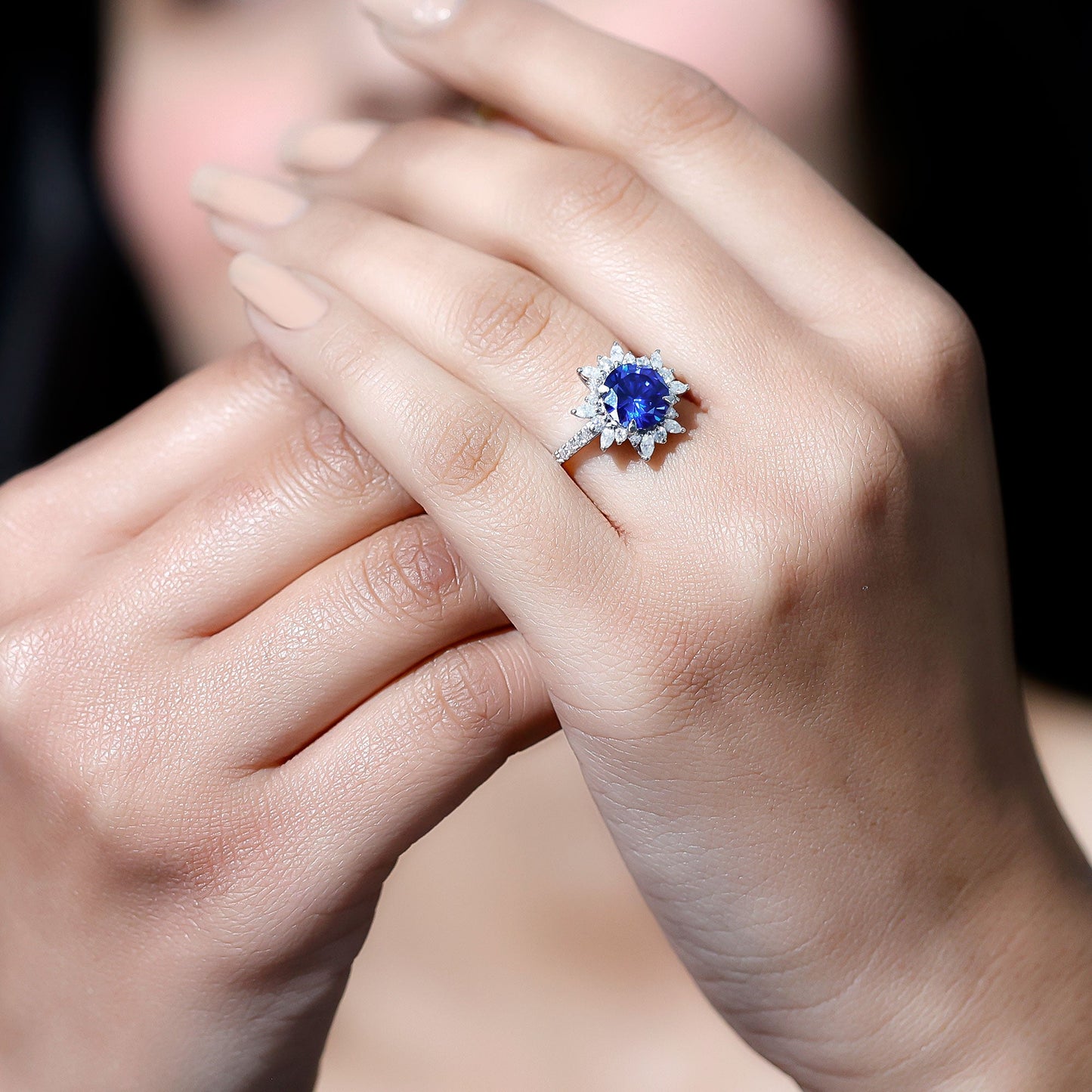 Lab Grown Blue Sapphire And Moissanite Floral Inspired Ring