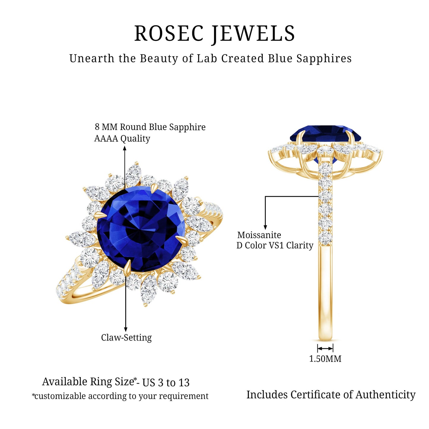 Lab Grown Blue Sapphire And Moissanite Floral Inspired Ring