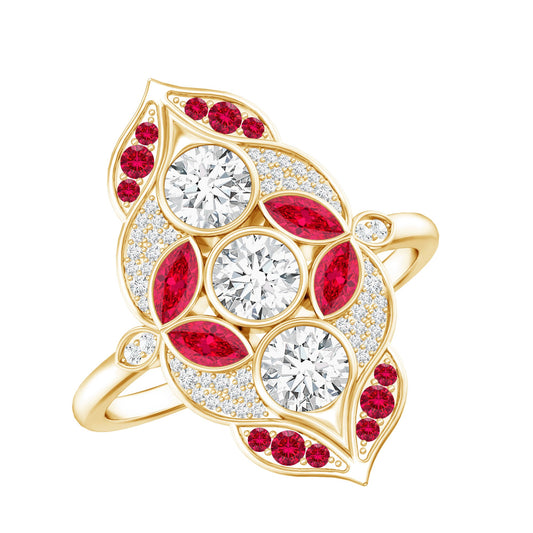 Certified Lab Grown Ruby Art Deco Statement Ring with Moissanite