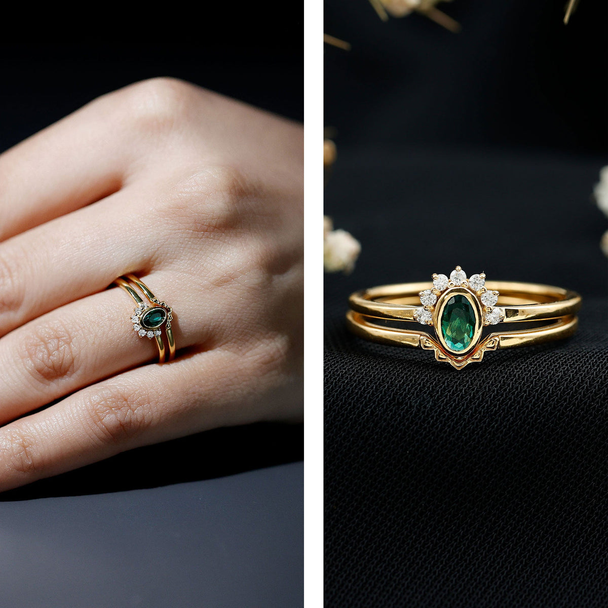 Oval Cut Lab Grown Emerald Wedding Ring Set with Diamond