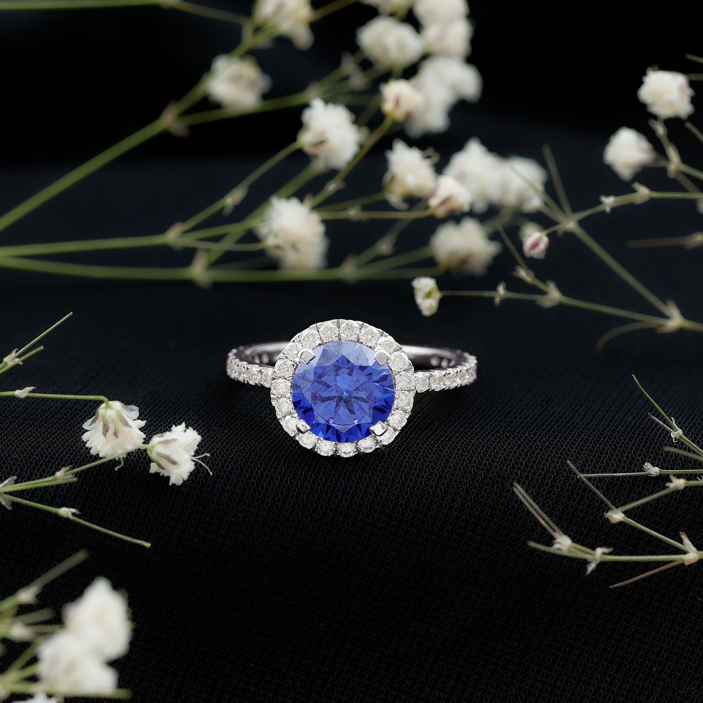 Certified 2.7 Carat Lab Grown Blue Sapphire Halo Engagement Ring with Moissanite