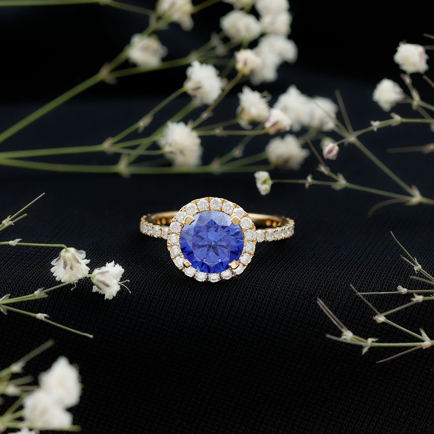 Certified 2.7 Carat Lab Grown Blue Sapphire Halo Engagement Ring with Moissanite