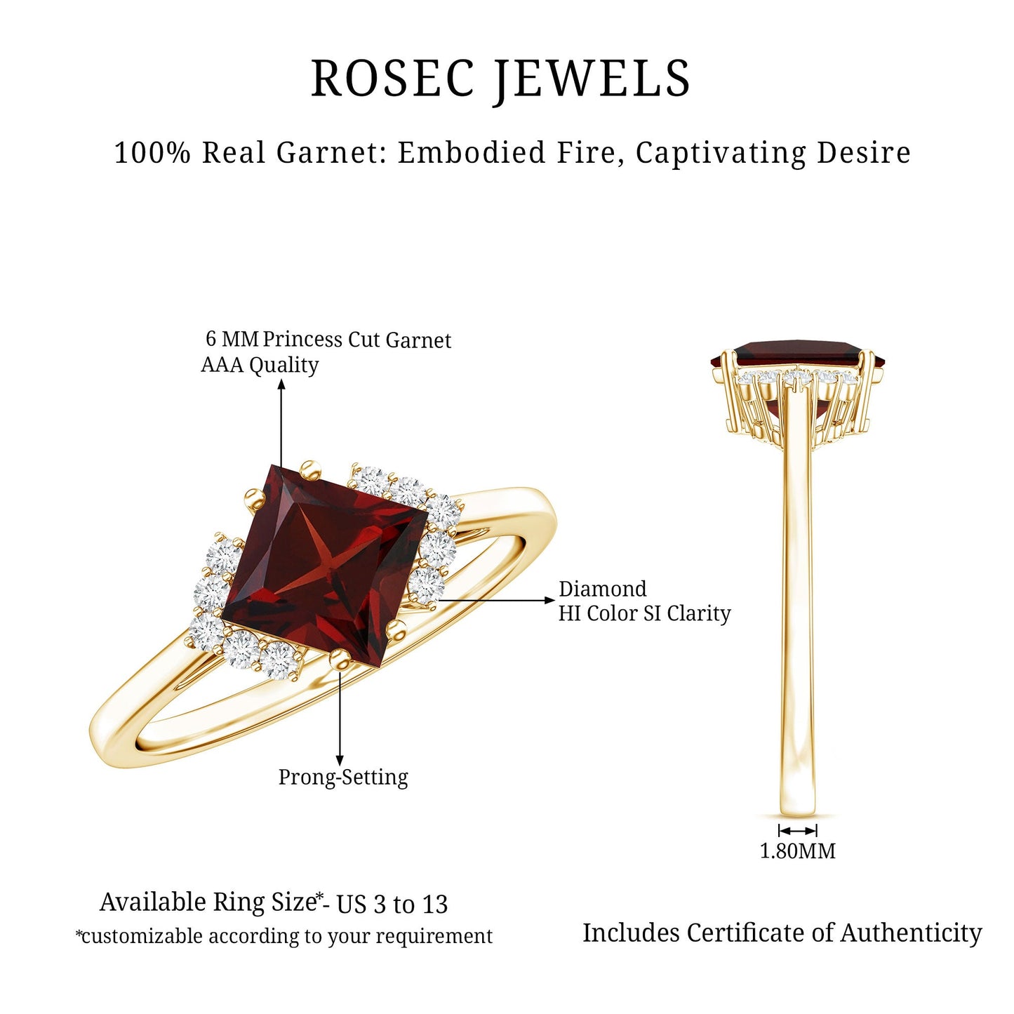 Certified Natural Garnet Princess Cut Engagement Ring with Diamond