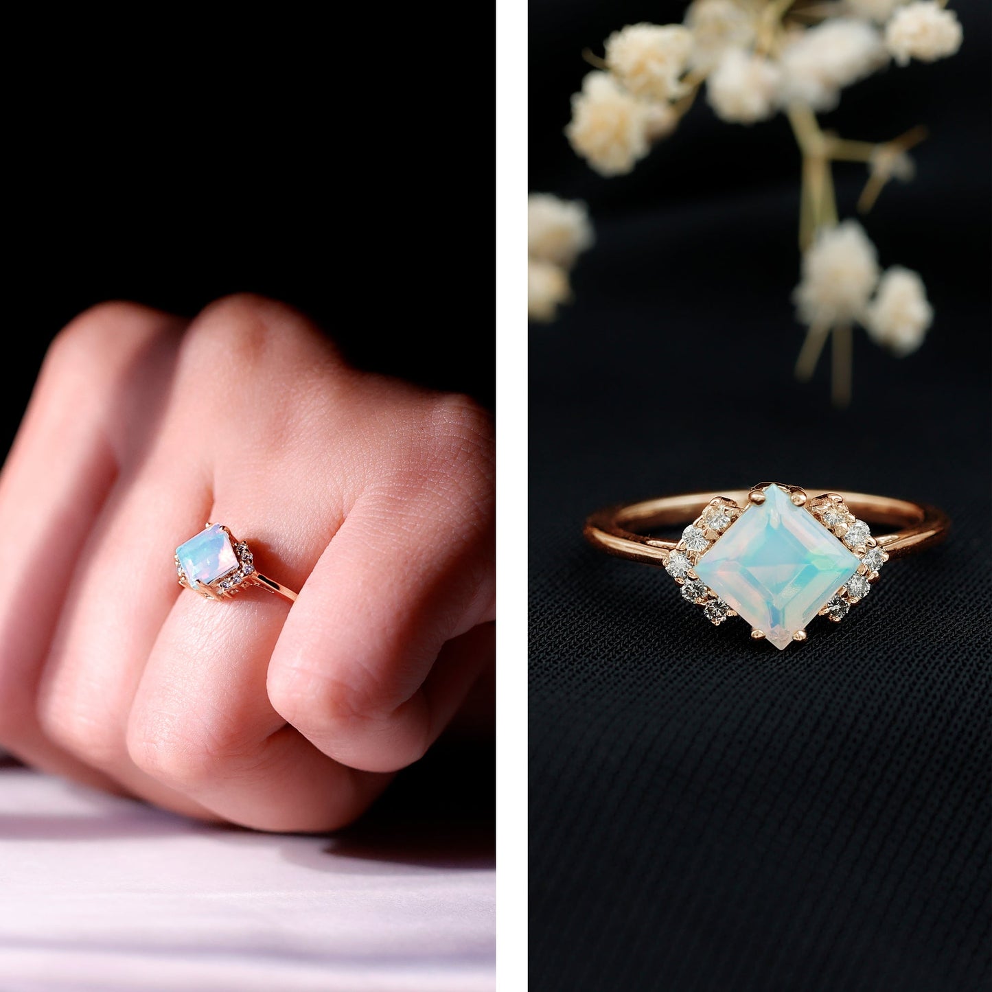 Natural Ethiopian Opal Princess Cut Engagement Ring with Diamond