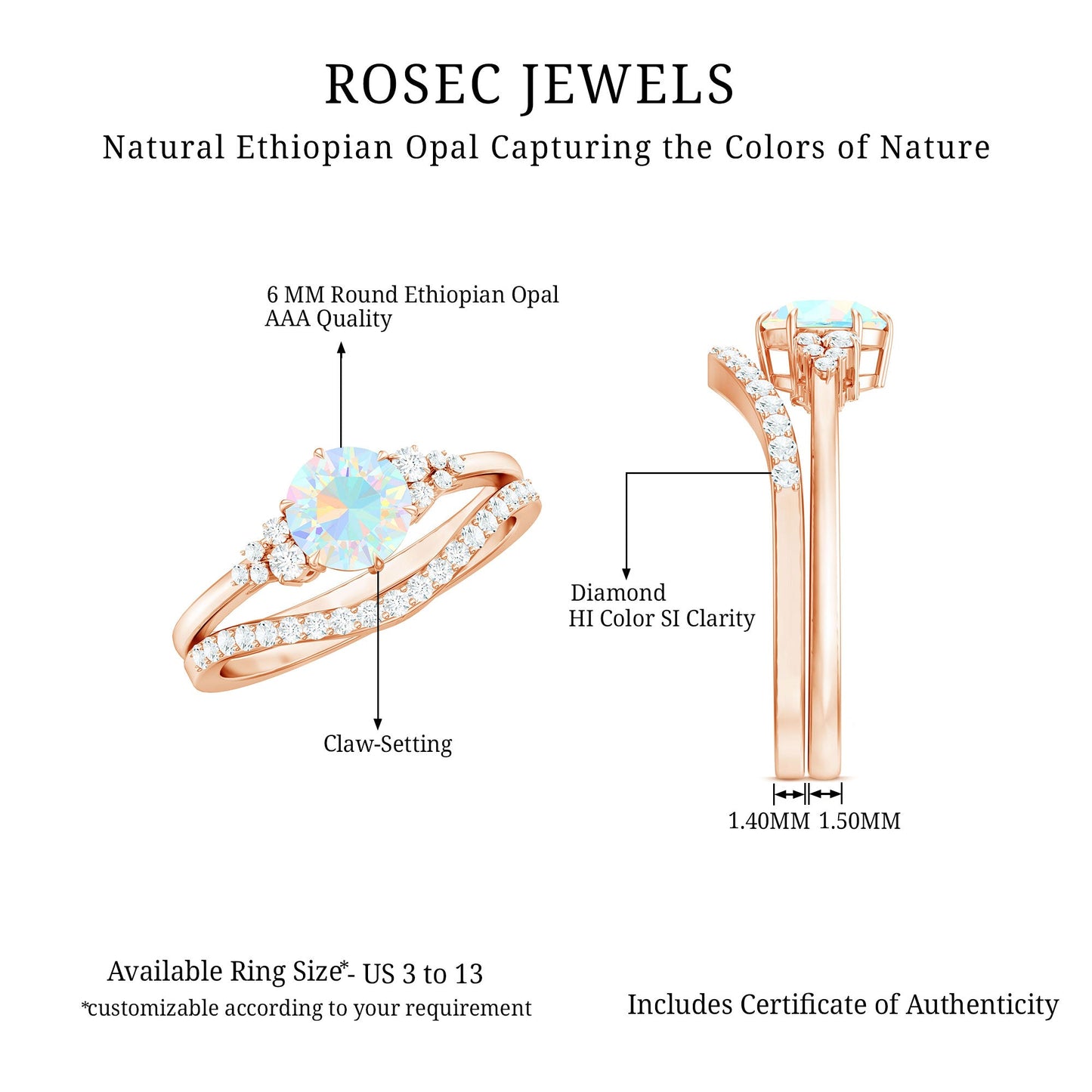 Natural 0.8 Carat Ethiopian Opal Diamond Wedding Bridal Ring Set of 2