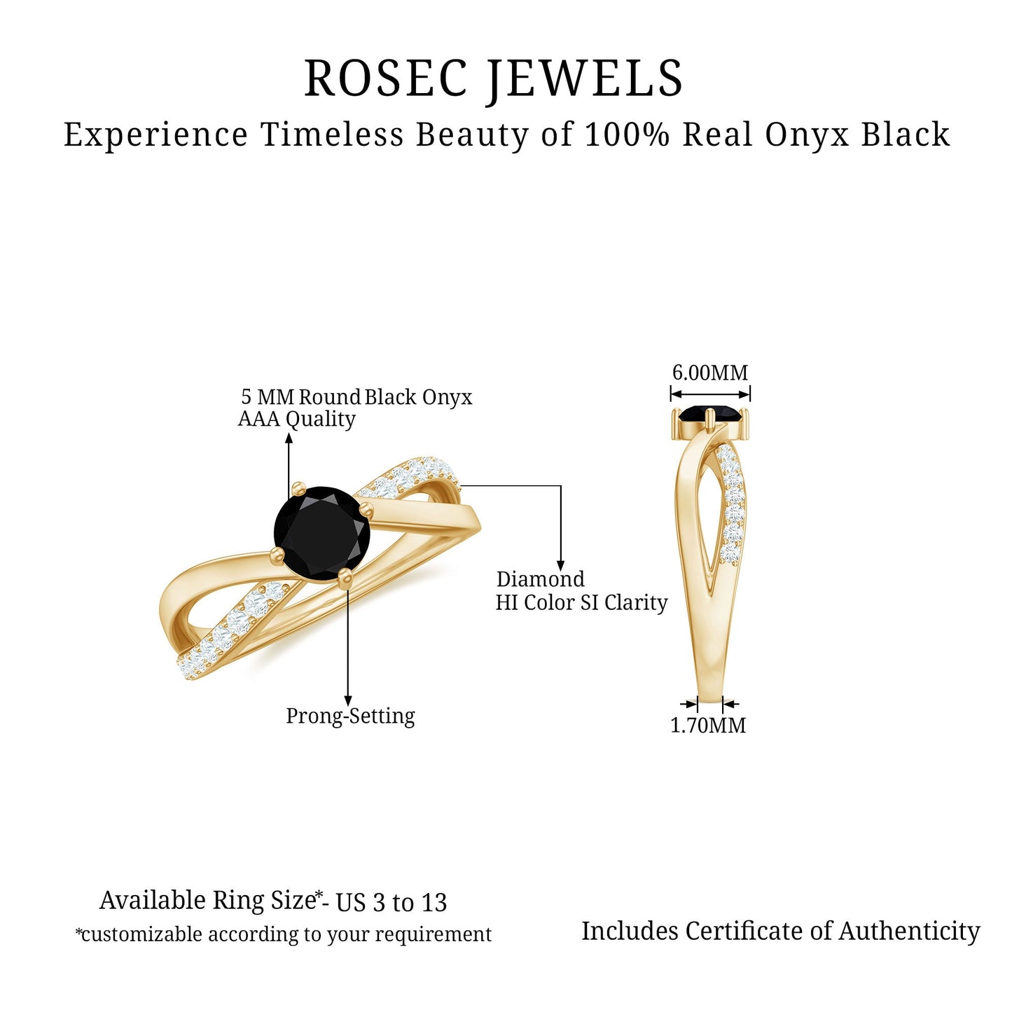 0.4 Carat Round Black Onyx Solitaire Infinity Ring with Diamond