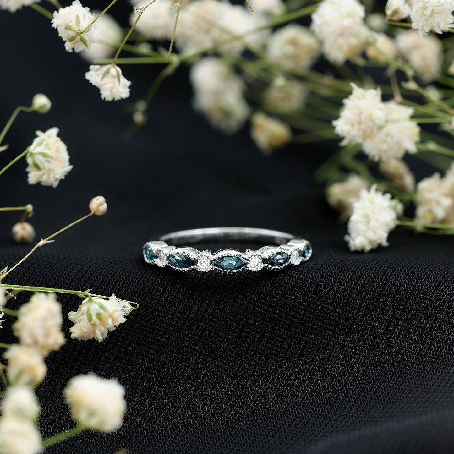 Genuine London Blue Topaz Half Eternity Ring in Bezel Set