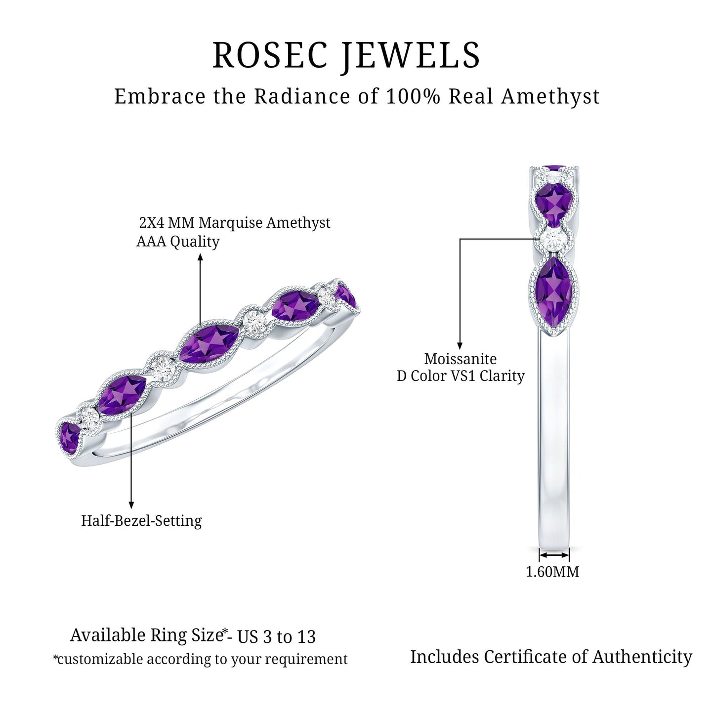 Real Marquise Cut Amethyst Eternity Anniversary Ring in Silver