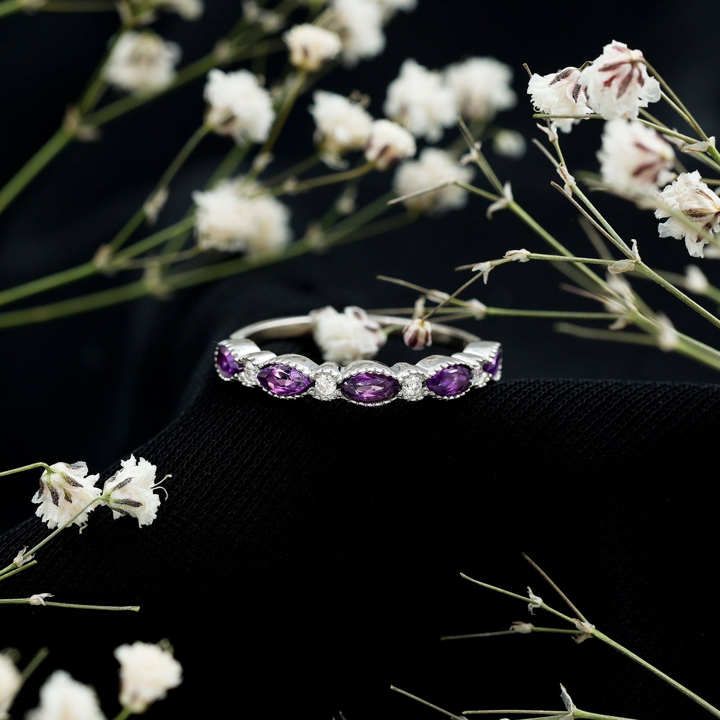 Real Marquise Cut Amethyst Eternity Anniversary Ring in Silver