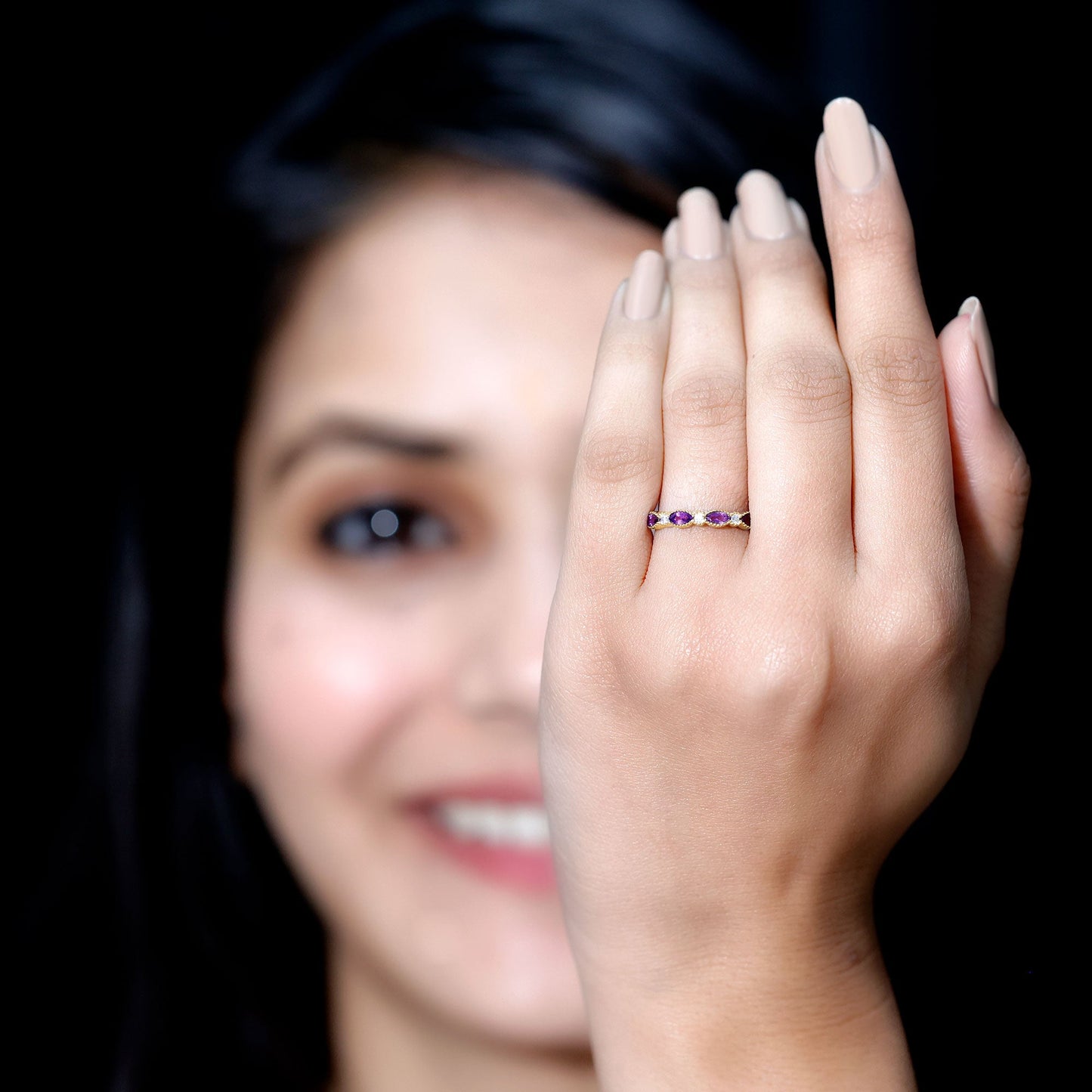 Real Marquise Cut Amethyst Eternity Anniversary Ring in Silver