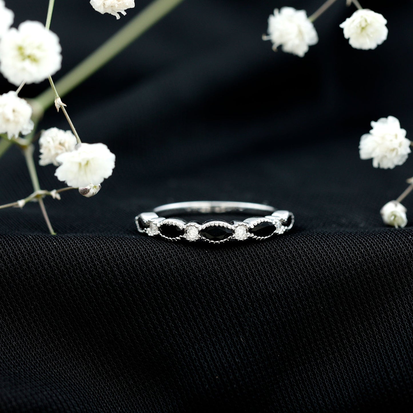 Natural Marquise Cut Black Onyx Half Eternity Band