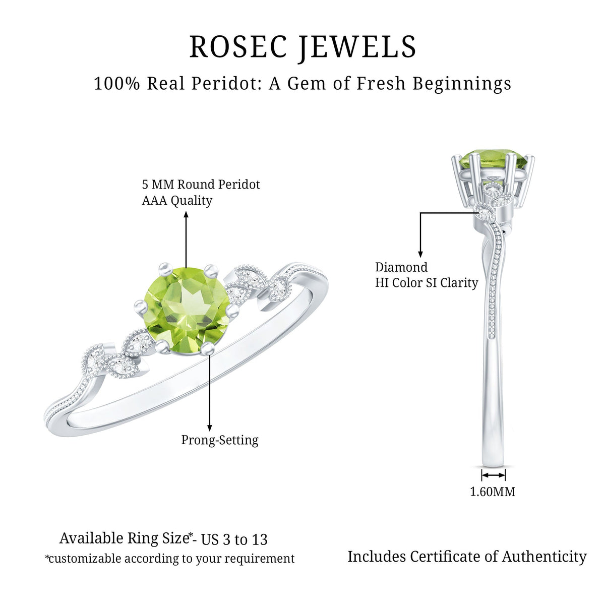 Peridot and Diamond Promise Ring with Beaded Detailing