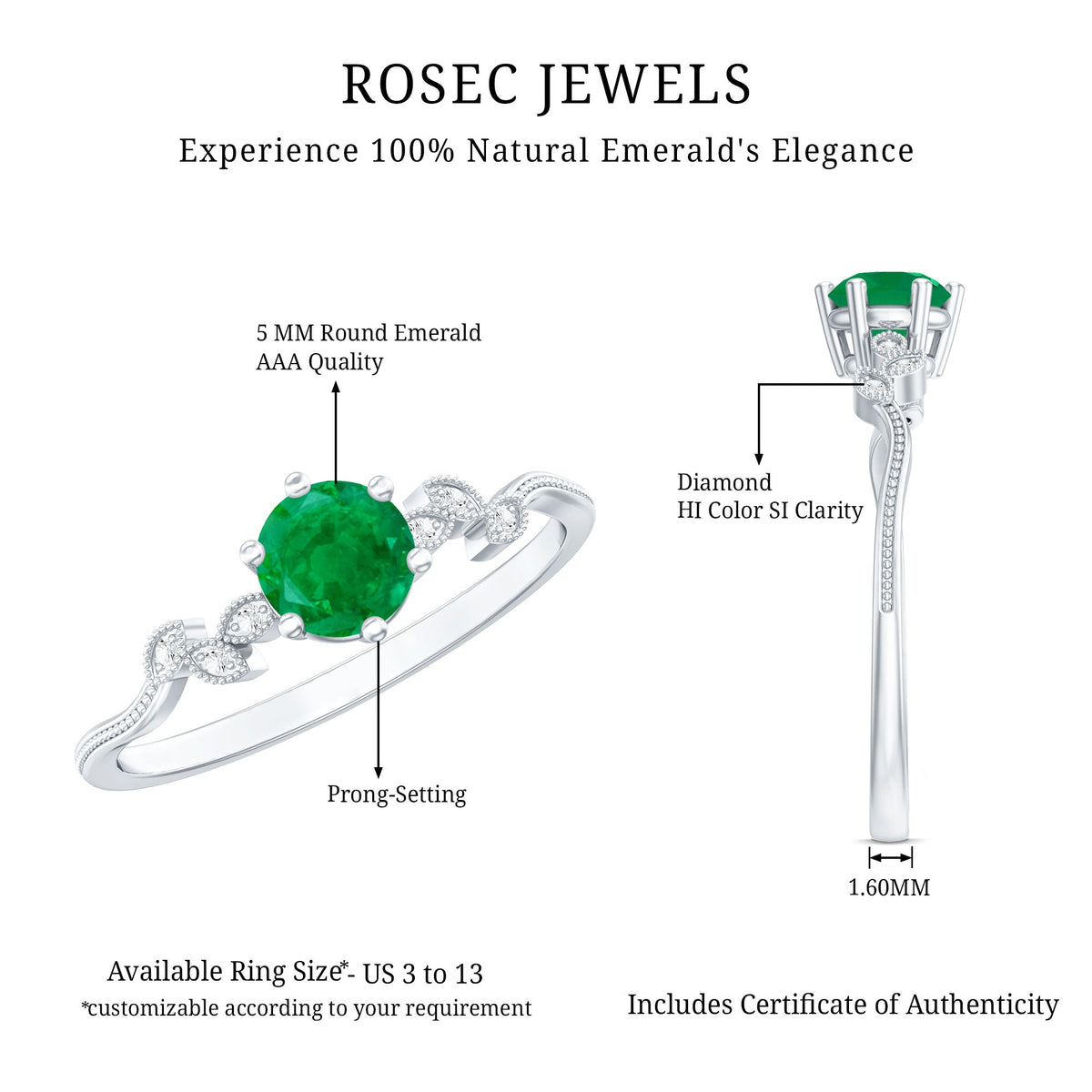 Natural Emerald and Diamond Leaf Promise Ring