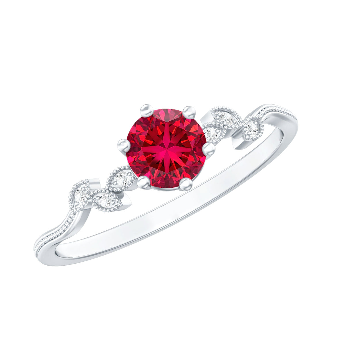 Lab Created Ruby and Diamond Leaf Promise Ring