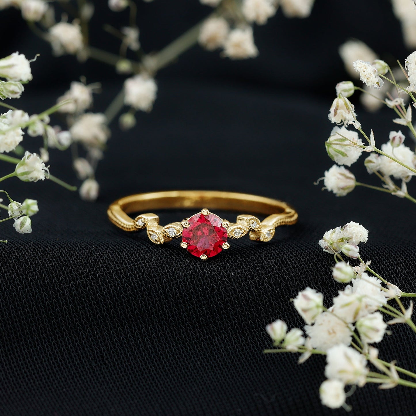 Lab Created Ruby and Diamond Leaf Promise Ring
