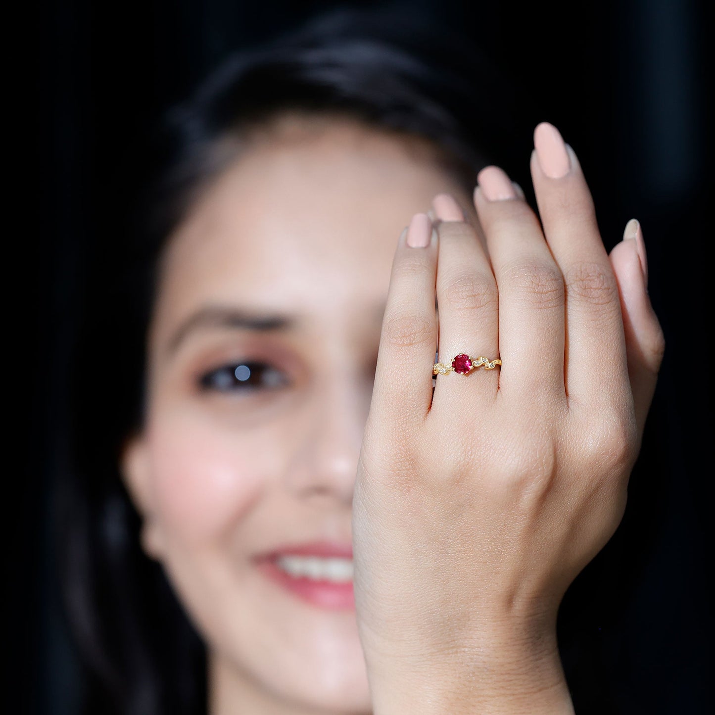 Lab Created Ruby and Diamond Leaf Promise Ring