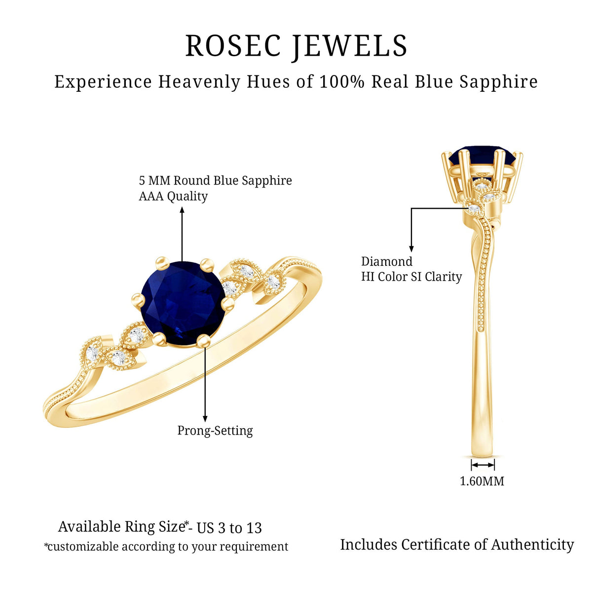 Real Blue Sapphire and Diamond Leaf Inspired Promise Ring