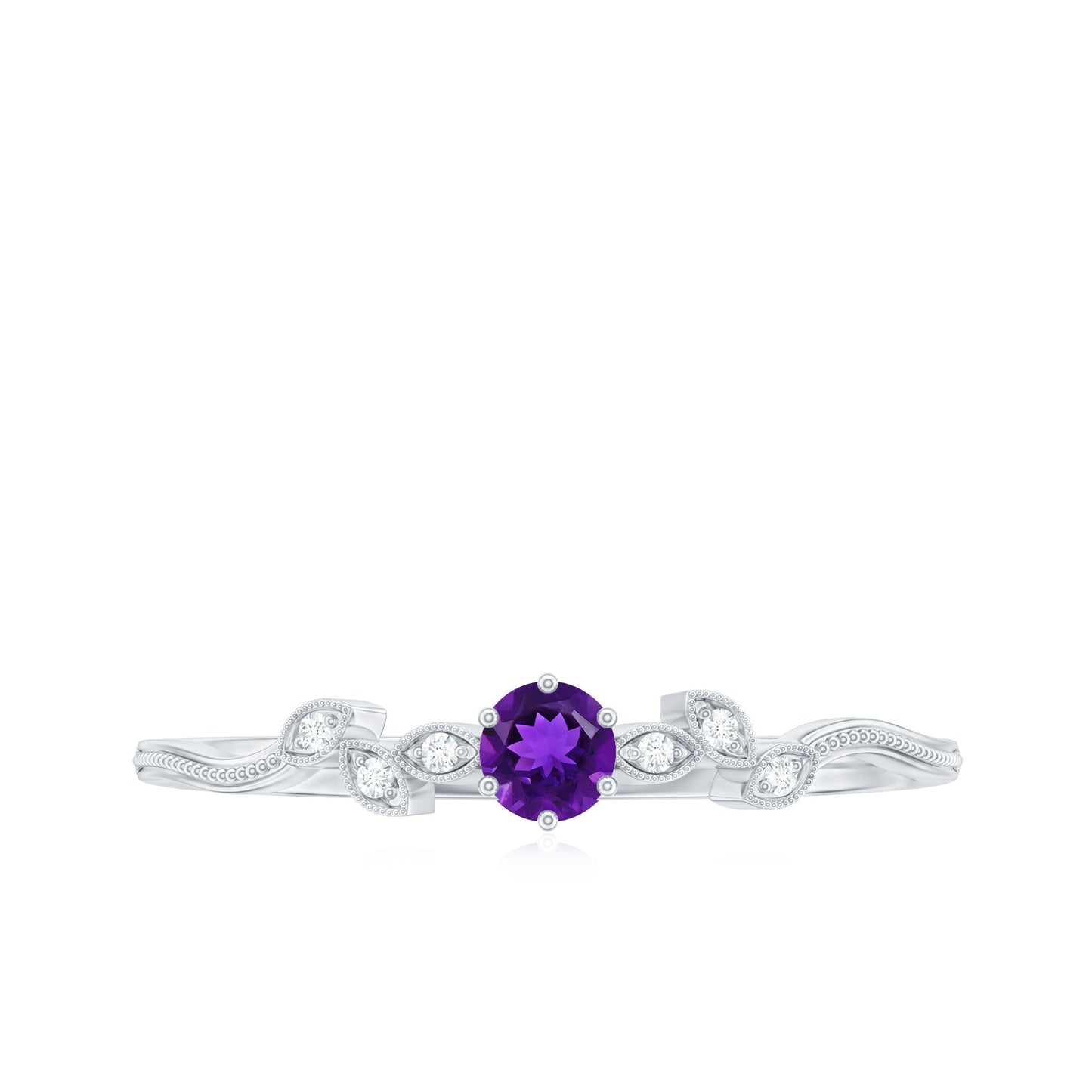 Amethyst and Diamond Leaf Promise Ring with Beaded Detailing