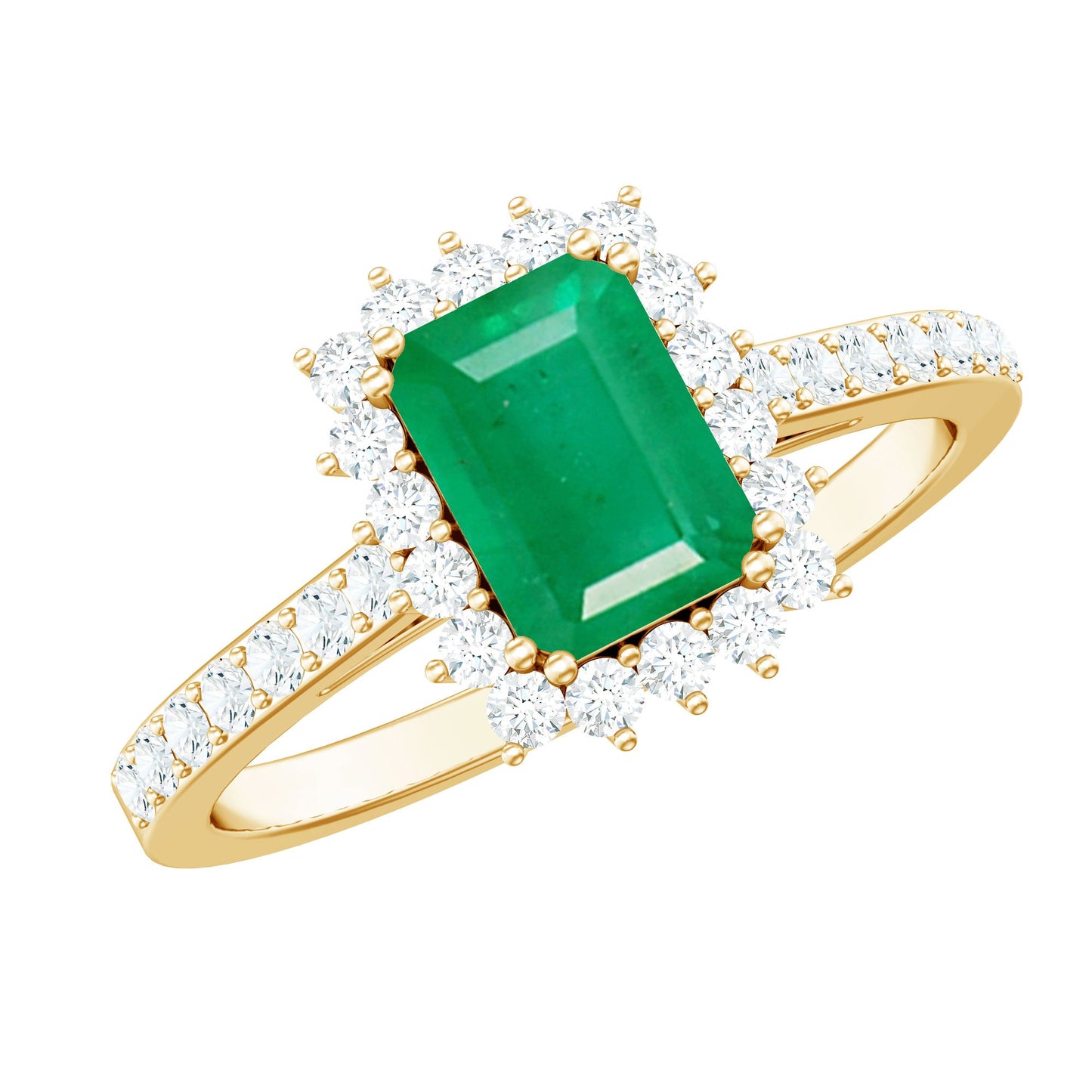 Natural Emerald Cut Emerald Engagement Ring with Diamond Halo