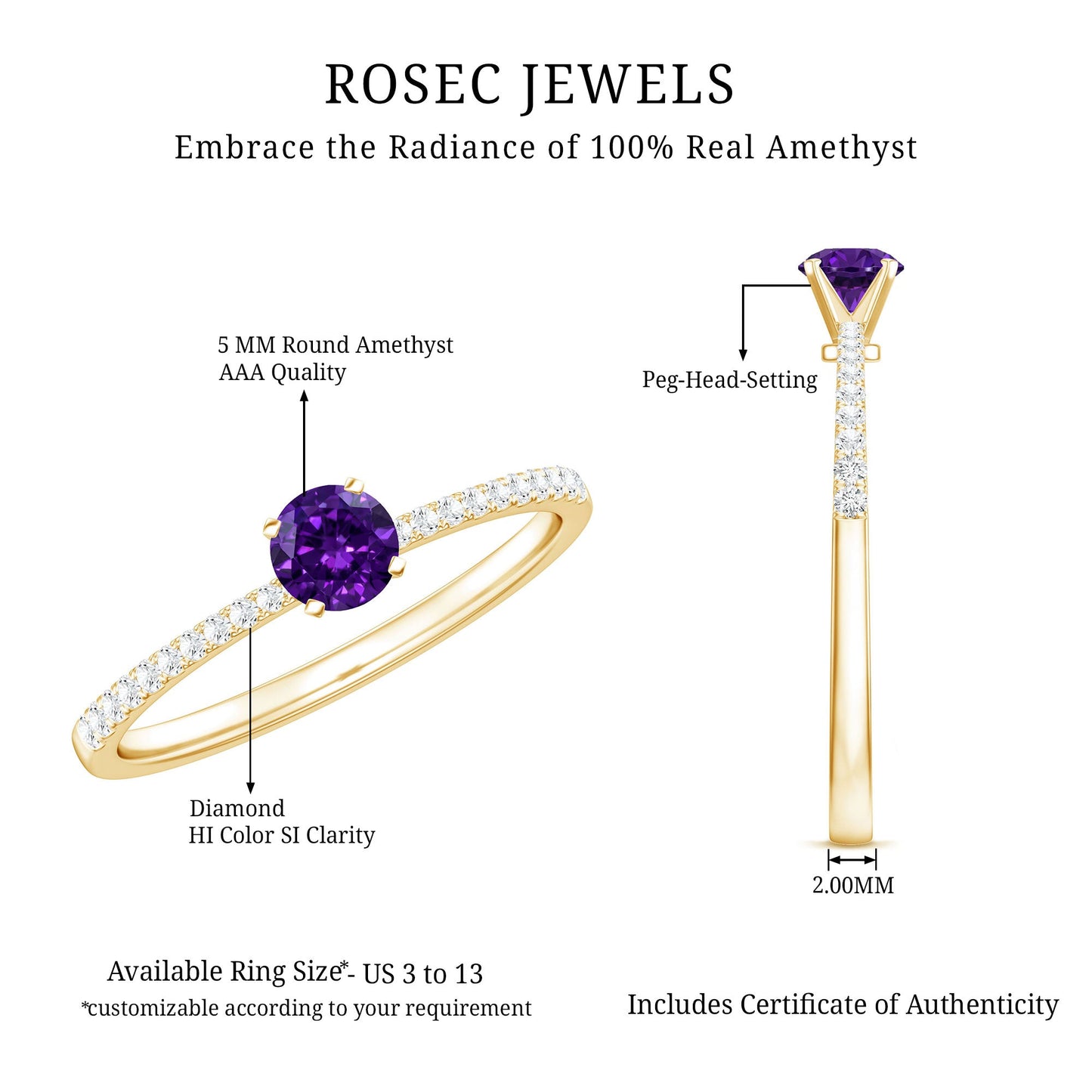 Real Amethyst Promise Ring with Diamond for Women