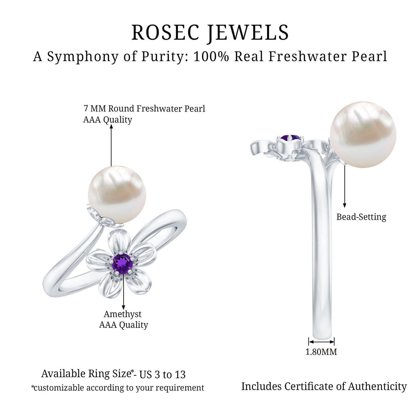 Cultured 3 Carat Freshwater Pearl Flower Ring with Amethyst