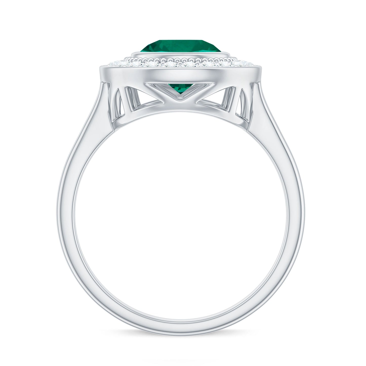 Vintage Looking 2 Carat Lab Grown Emerald Engagement Ring with Halo