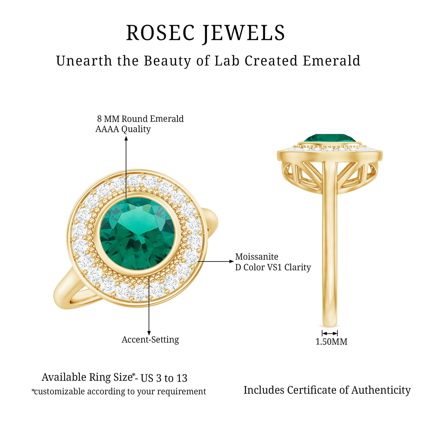 Vintage Looking 2 Carat Lab Grown Emerald Engagement Ring with Halo