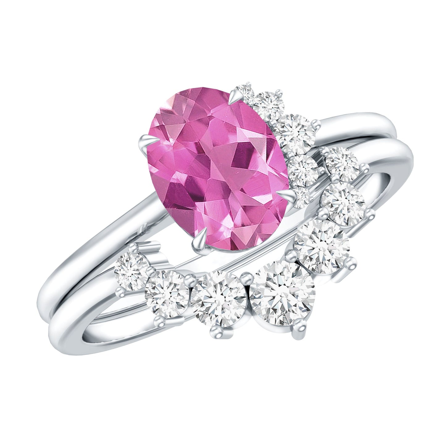 1 Carat Oval Pink Tourmaline and Diamond Wedding Ring Set