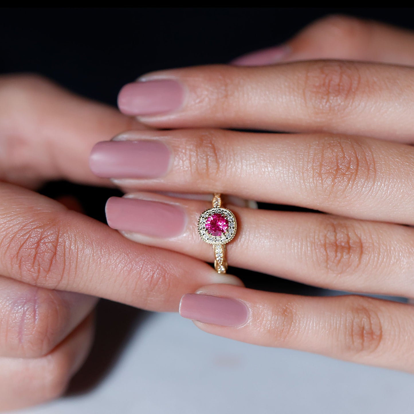 Vintage Inspired Round Created Ruby Engagement Ring with Diamond Halo