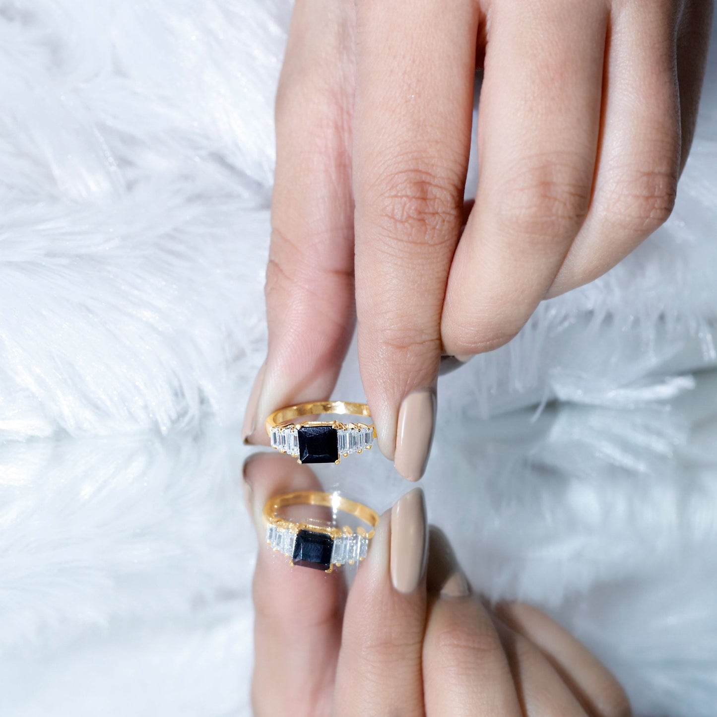 Asscher Cut Black Onyx Engagement Ring with Baguette Moissanite