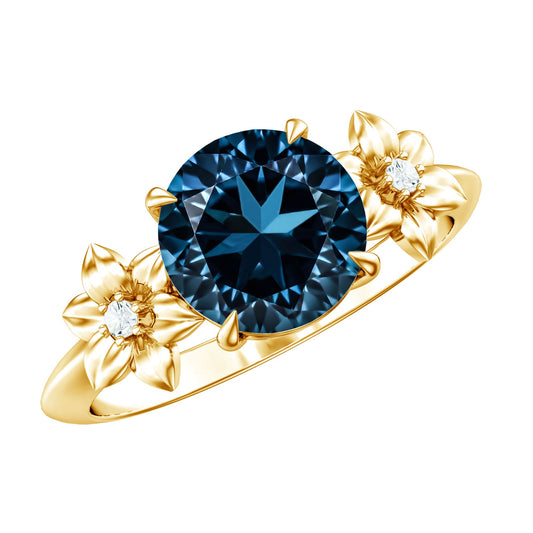 2 Carat Round London Blue Topaz Solitaire Floral Engagement Ring
