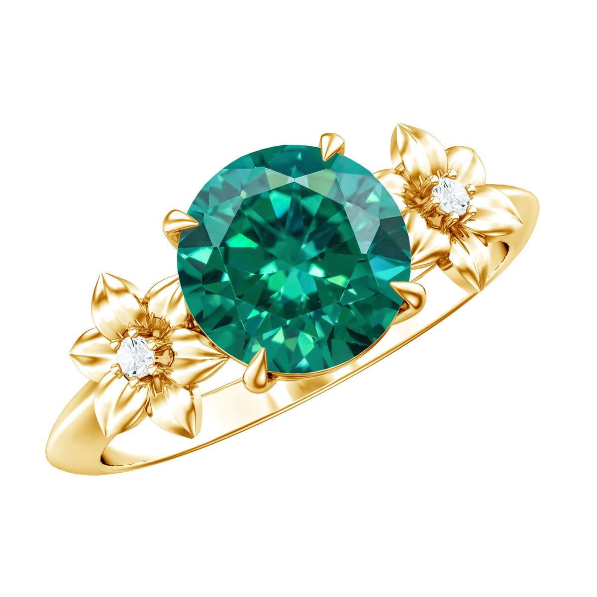 Certified Lab Grown Emerald Flower Engagement Ring with Diamond