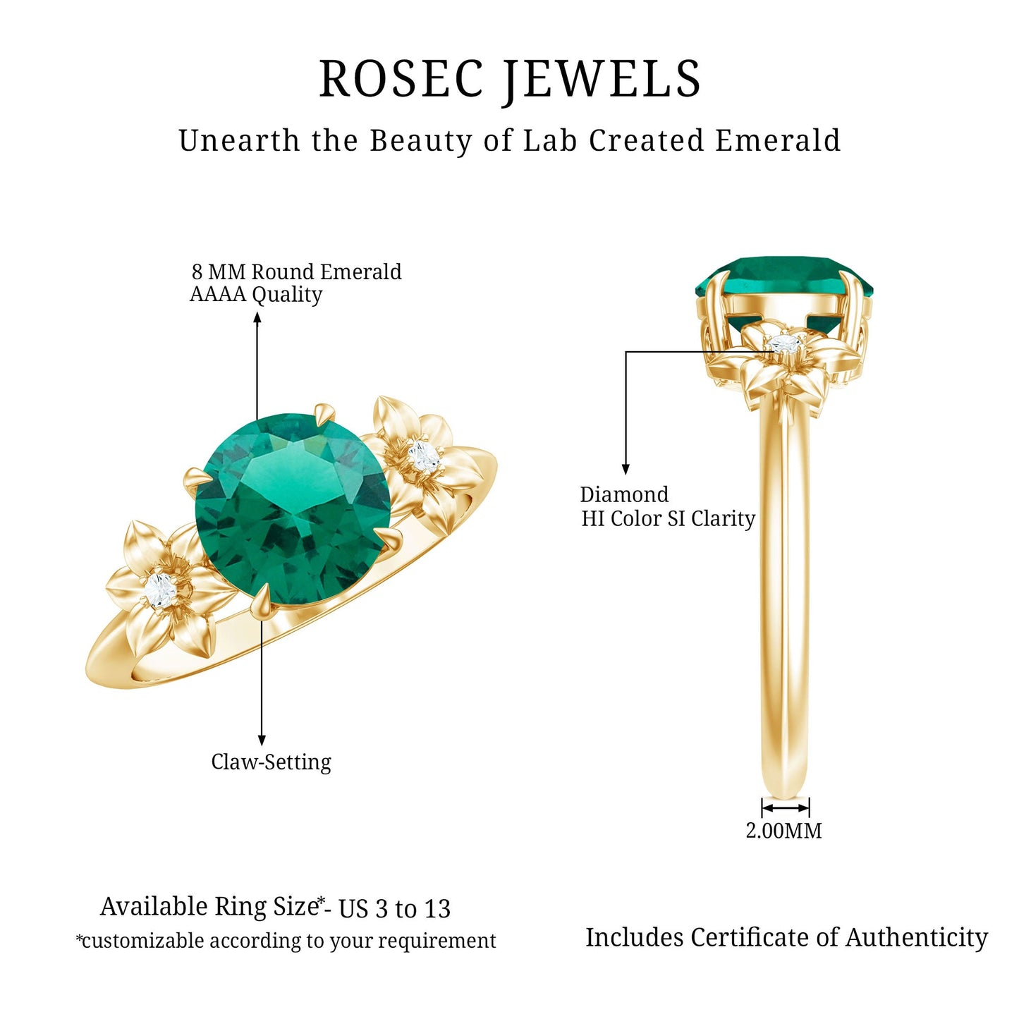 Certified Lab Grown Emerald Flower Engagement Ring with Diamond