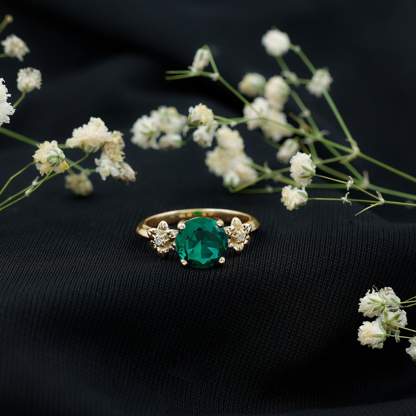 Certified Lab Grown Emerald Flower Engagement Ring with Diamond