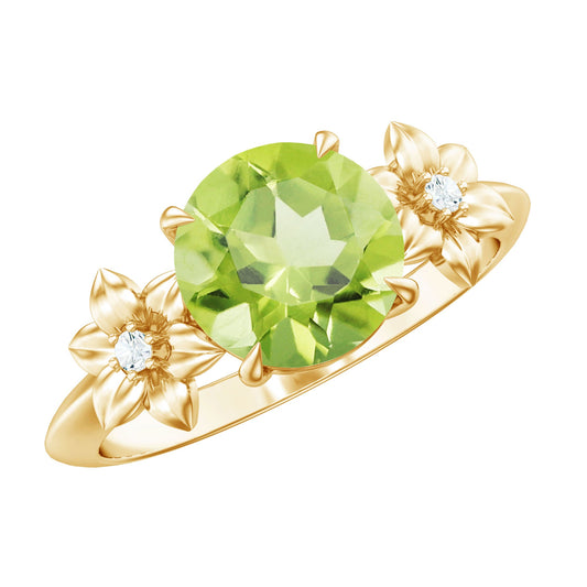 Natural 2 Carat Peridot Flower Engagement Ring with Diamond