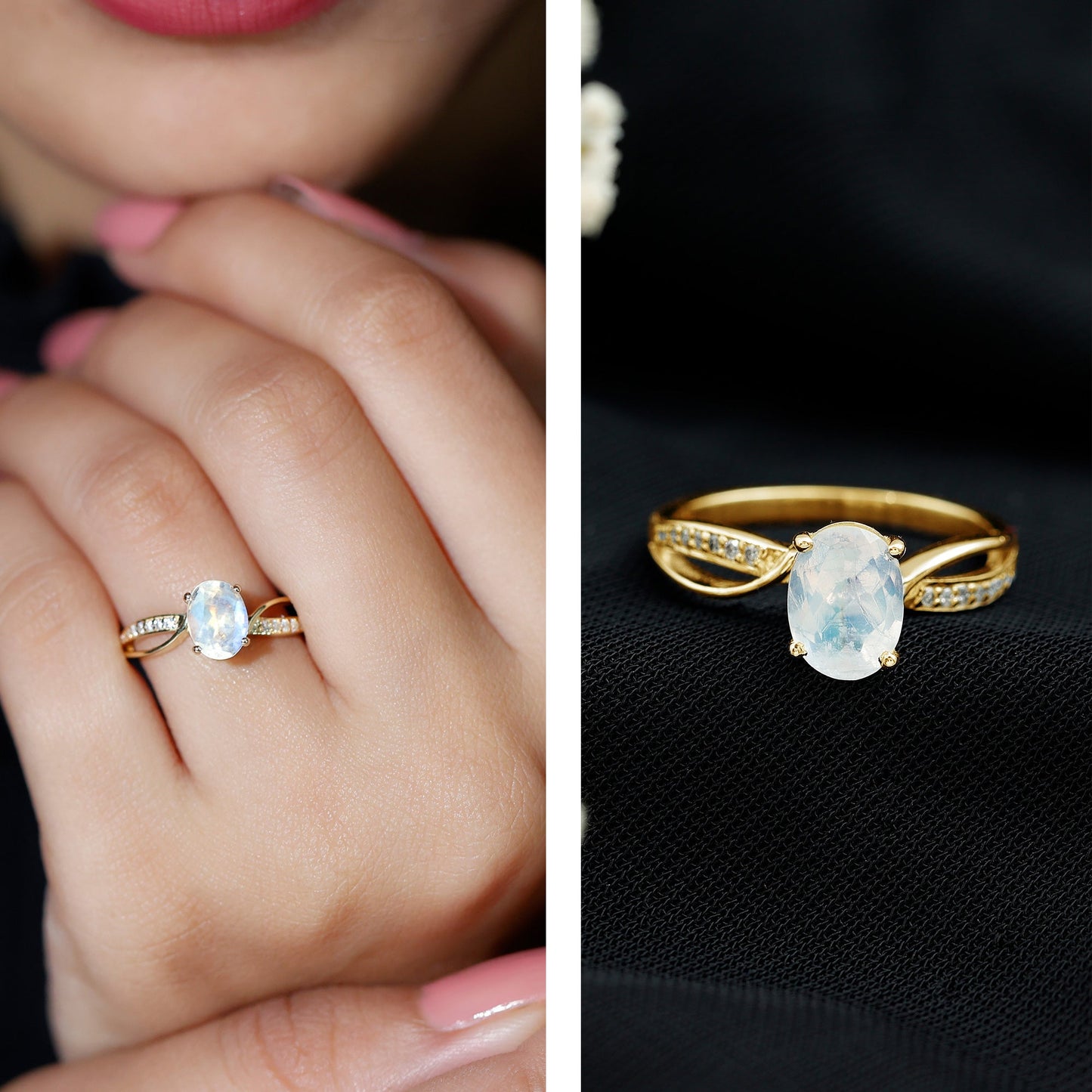 Oval Moonstone Infinity Engagement Ring with Diamond