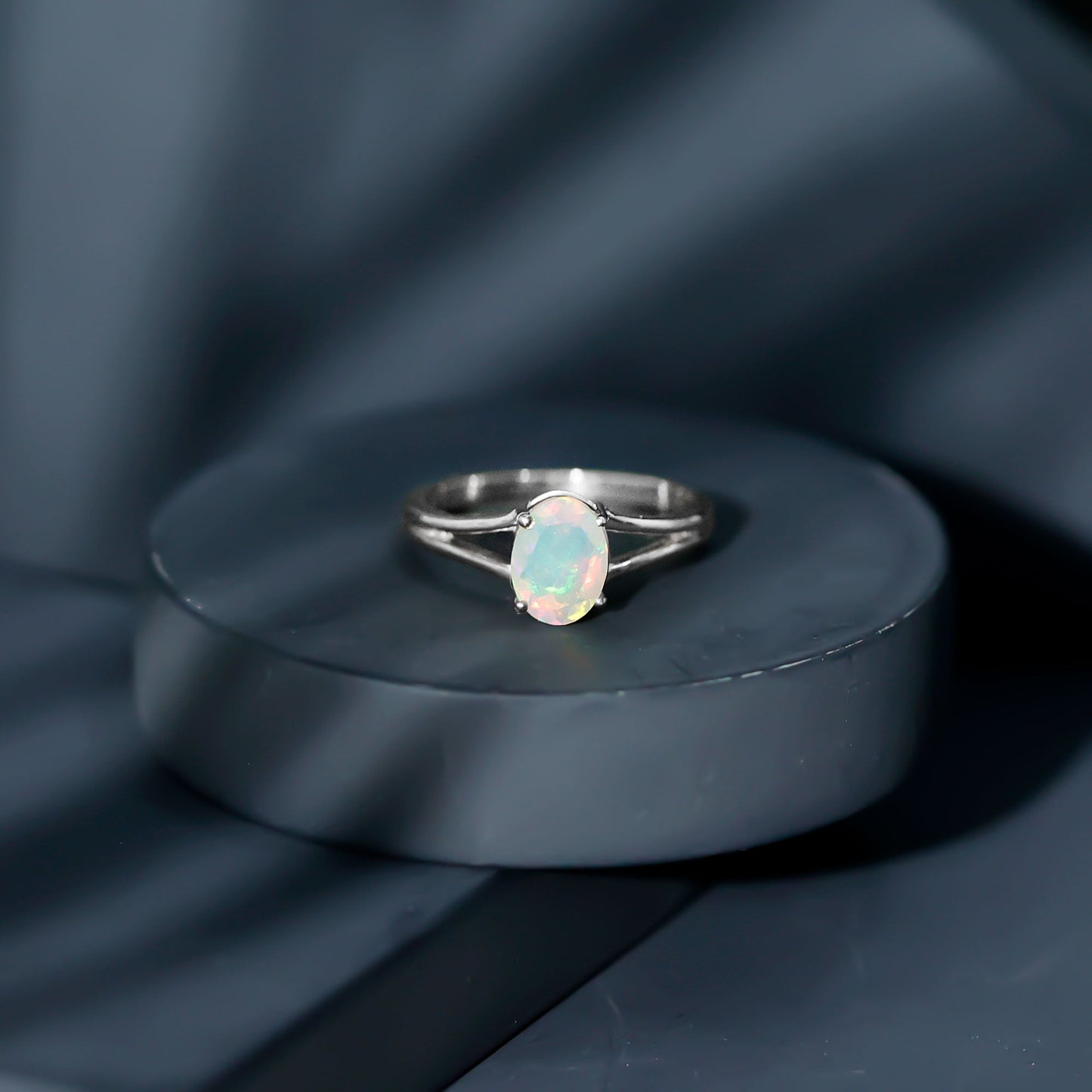 1.2 Carat Genuine Oval Ethiopian Rainbow Opal Split Shank Engagement Ring
