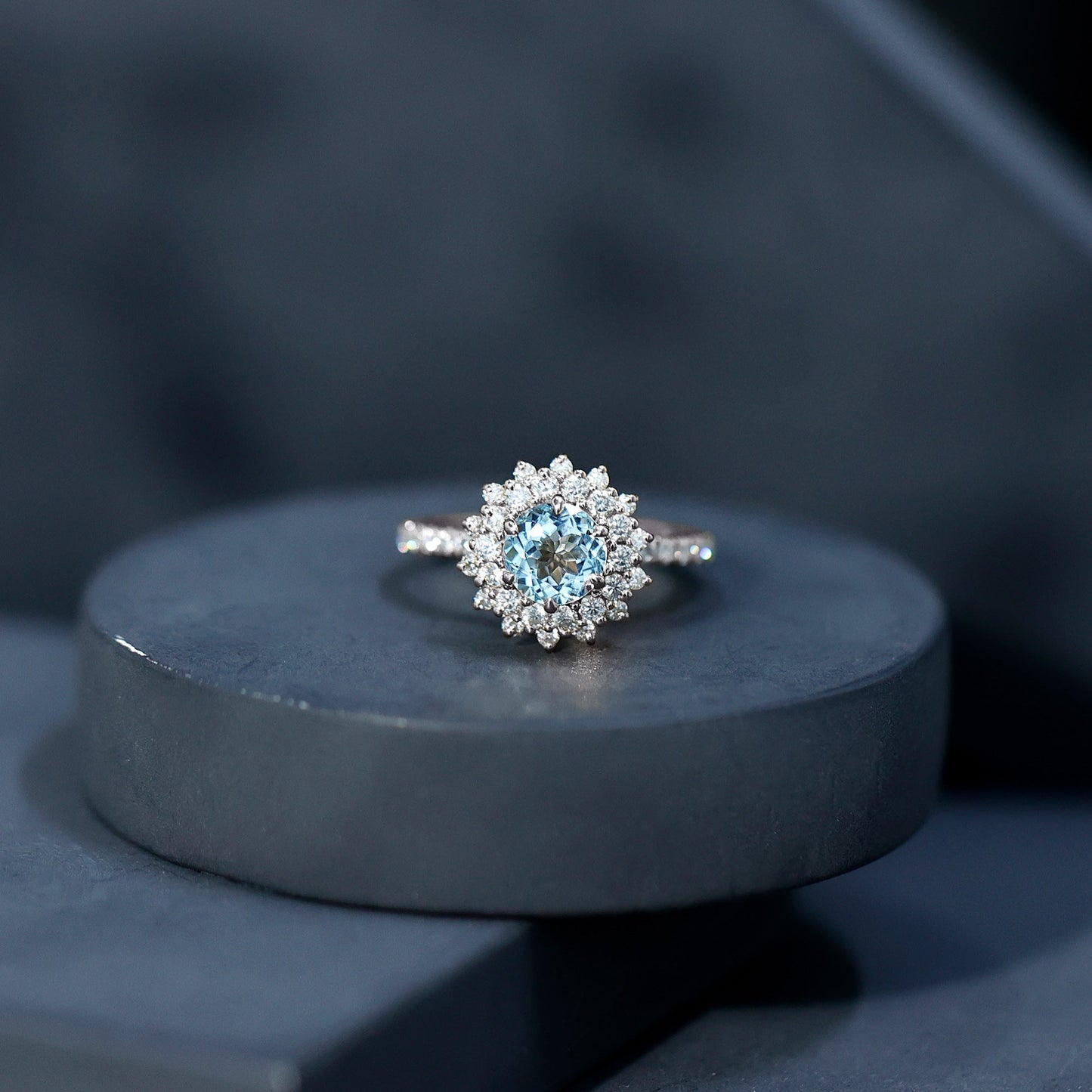 Genuine Aquamarine Cluster Engagement Ring With Certificate