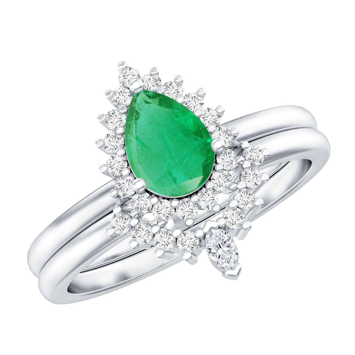 Natural Emerald Diamond Pear Shape Engagement Ring and Wedding Band Set