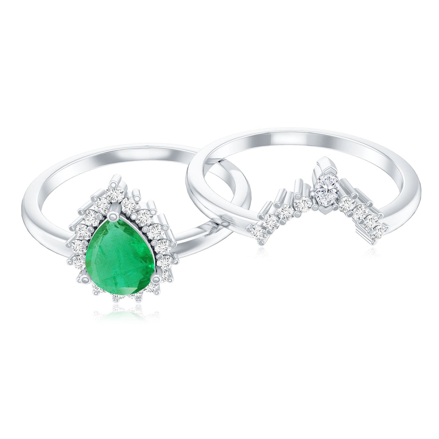 Natural Emerald Diamond Pear Shape Engagement Ring and Wedding Band Set