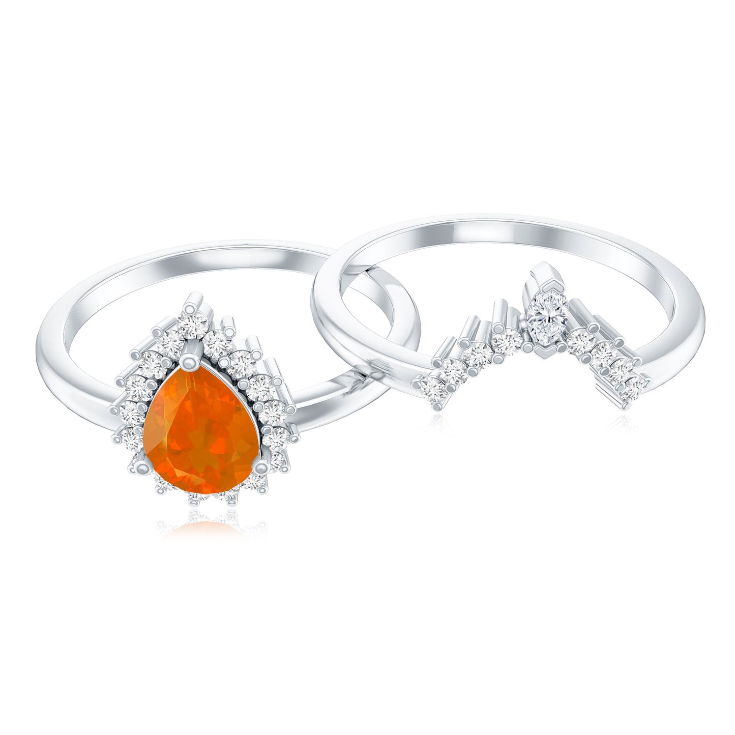 Real 0.6 Carat Fire Opal Teardrop Wedding Ring Set with Diamond Halo