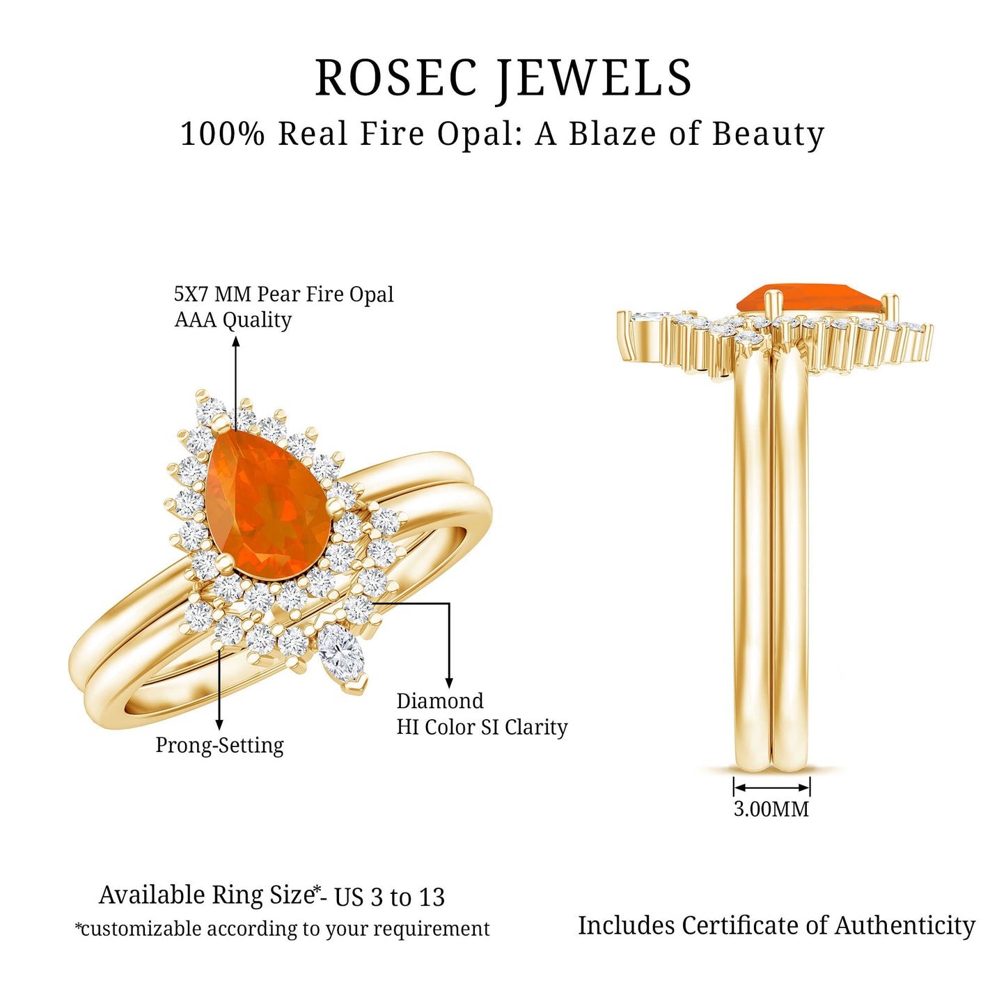 Real 0.6 Carat Fire Opal Teardrop Wedding Ring Set with Diamond Halo